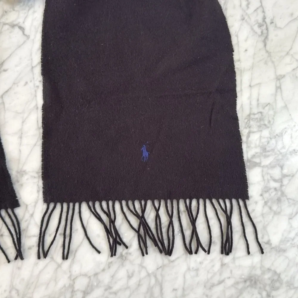 Polo Ralph Lauren 100% Lambs Wool Scarf Black Blue Embroidered